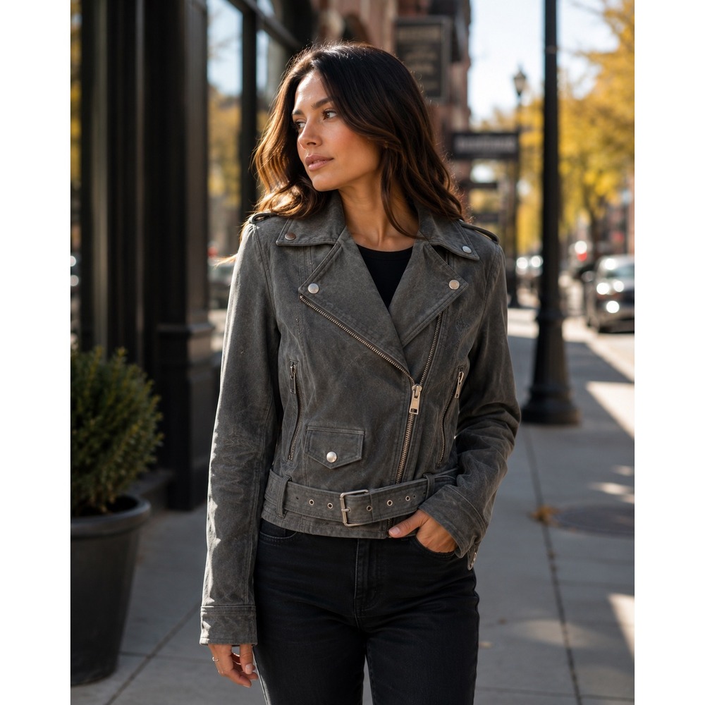 Marc New York Andrew Marc Womens Grey Suede Leather Moto Biker Jacket Small